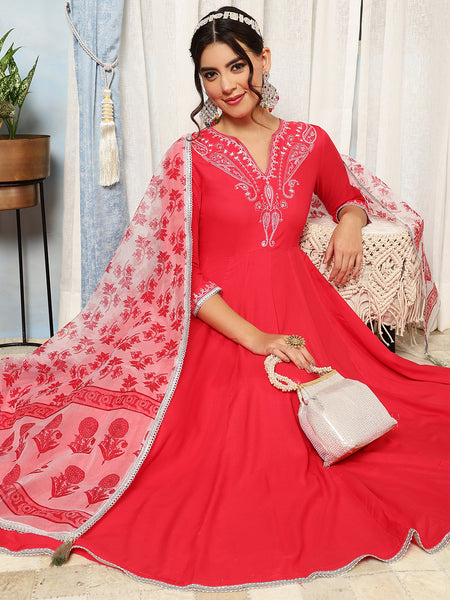 Coral Rayon Calf Length Solid V-Neck Anarkali Kurta Suit Set