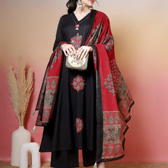 Rayon Calf Length Solid 3/4 Sleeves V-Neck Flared Kurta Suit Set