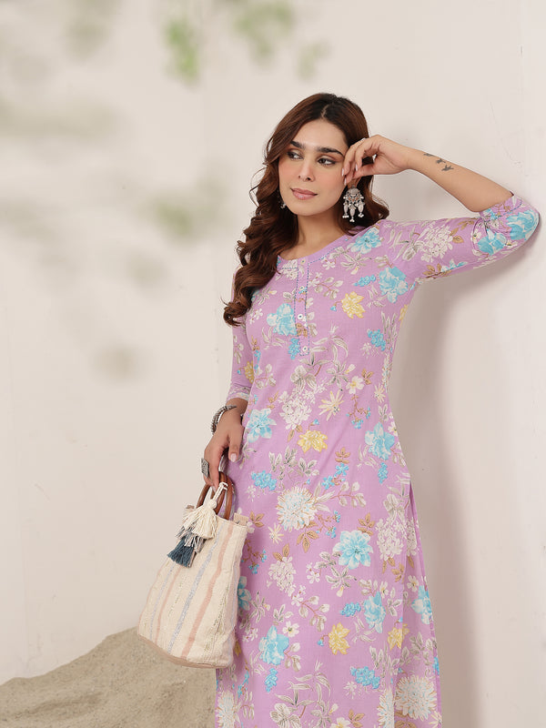 Cotton Calf Length Printed 3/4 Sleeve Round Neck Straight Kurta