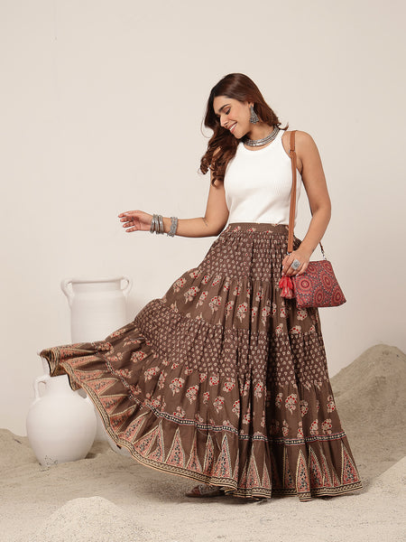 Cotton Ankle Length Printed Flared Skirt