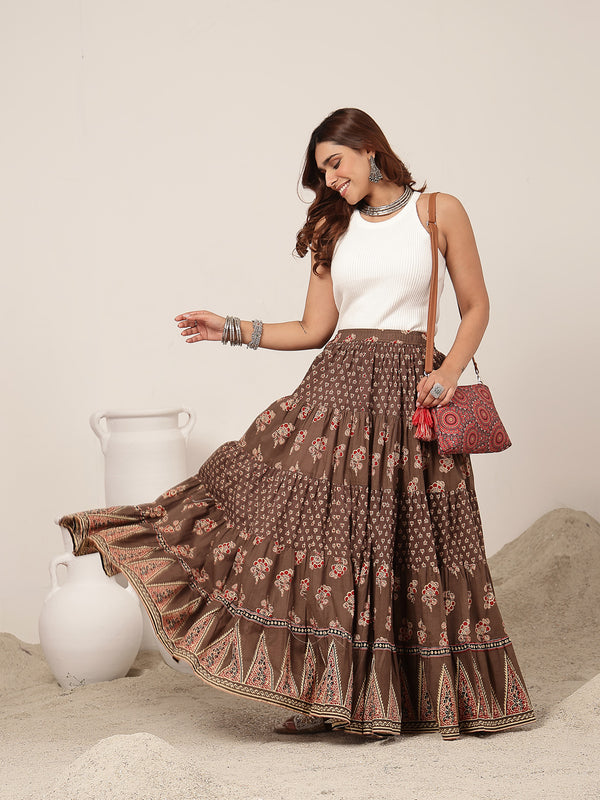 Cotton Ankle Length Printed Flared Skirt