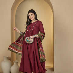 Gulmohar Jaipur Cotton Calf Length Solid 3/4 Sleeves Round Neck Flared Kurta Suit Set
