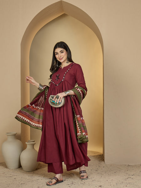 Gulmohar Jaipur Cotton Calf Length Solid 3/4 Sleeves Round Neck Flared Kurta Suit Set