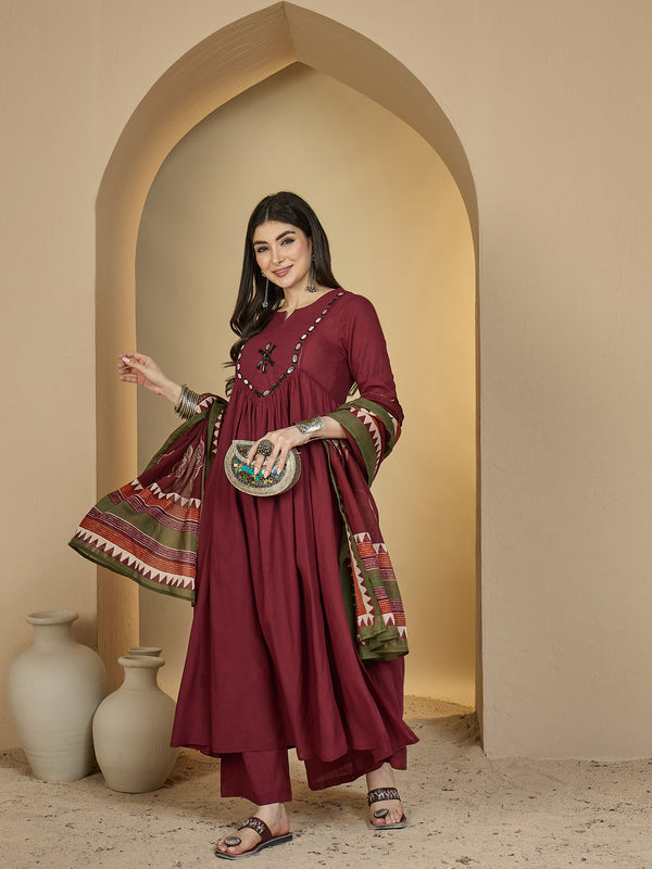 Gulmohar Jaipur Cotton Calf Length Solid 3/4 Sleeves Round Neck Flared Kurta Suit Set