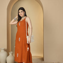 Gulmohar Jaipur Rayon Calf Length Solid Sleeveless Round Neck Straight Kurta Suit Set