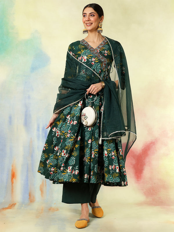 Black Pure Cotton Printed hand-Work Anarkali Kurta Suit Set