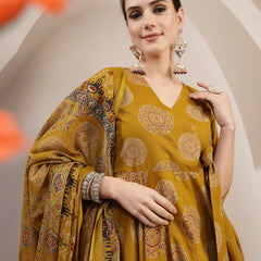 Gulmohar Jaipur Cotton Calf Length Printed 3/4 Sleeve V-Neck Anarkali Kurta Suit Set