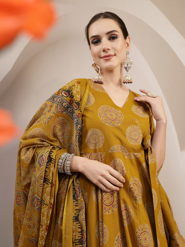 Gulmohar Jaipur Cotton Calf Length Printed 3/4 Sleeve V-Neck Anarkali Kurta Suit Set