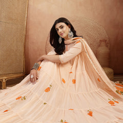Gulmohar Jaipur Malmal Calf Length Printed 3/4 Sleeves Round Neck Anarkali Kurta Suit Set