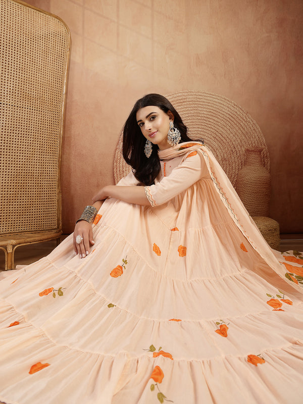 Gulmohar Jaipur Malmal Calf Length Printed 3/4 Sleeves Round Neck Anarkali Kurta Suit Set