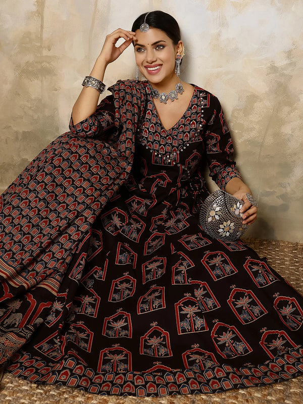 Cotton Calf Length Printed V-Neck Anarkali Kurta Suit Set