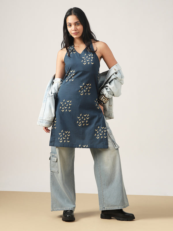 Rayon Mid Length Printed Sleeveless V-Neck Straight Kurta