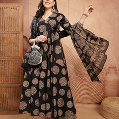 Gulmohar Jaipur Cotton Calf Length Printed 3/4 Sleeve V-Neck Anarkali Kurta Suit Set