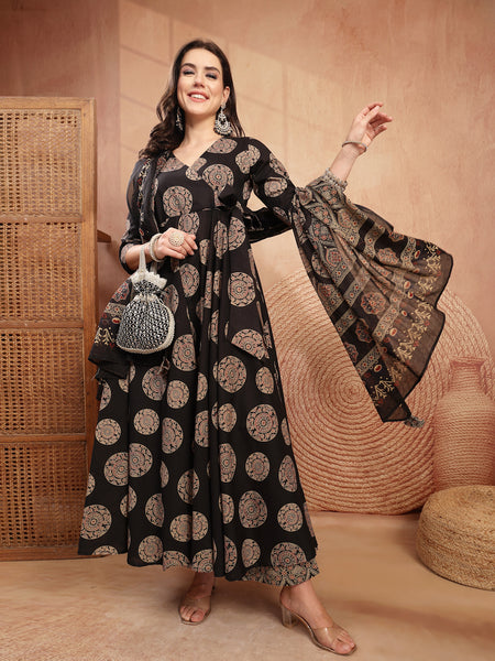Gulmohar Jaipur Cotton Calf Length Printed 3/4 Sleeve V-Neck Anarkali Kurta Suit Set
