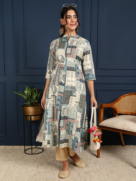 Blue Cotton Flex Calf Length Printed Mandarin Coller A-Line Kurta