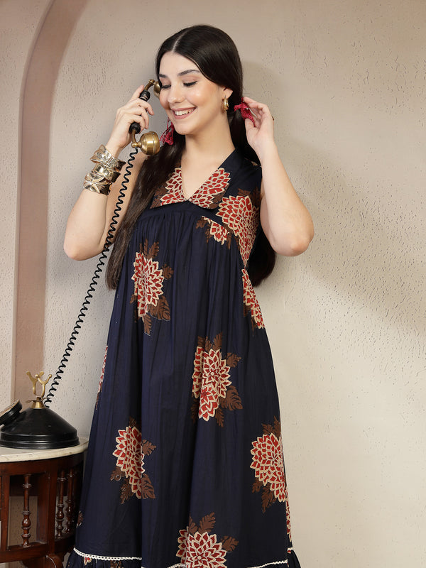 Gulmohar Jaipur Cotton Calf Length Printed Sleeveless Collard Neck Flared Kurta