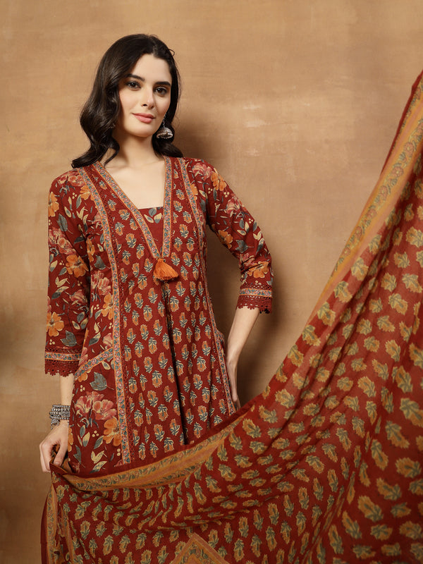 Cotton Calf Length Printed 3/4 Sleeves V-Neck Flared Kurta Suit Set