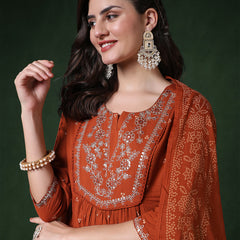 Cotton Calf Length Printed 3/4 Sleeves Round Neck Semi-Flared Kurta Suit Set