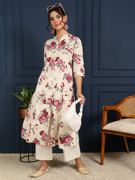 Pink Cotton Flex Calf Length Printed Mandarin  A-Line Coller Kurta