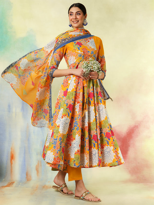 Blue Pure Cotton Printed Hand-Work Anarkali Kurta Suit Set