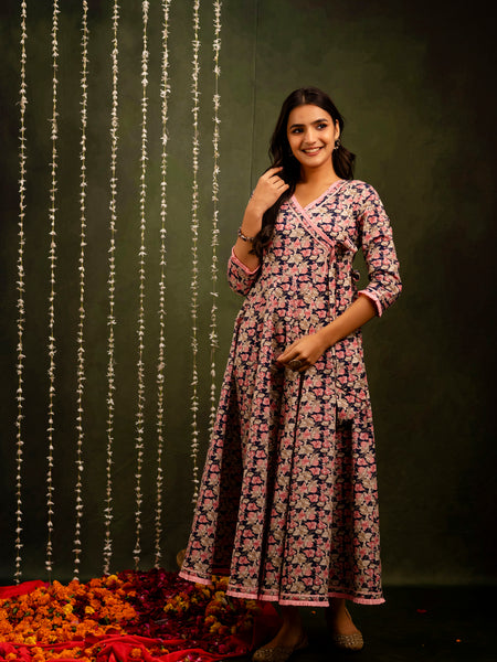 Navy Blue Cotton Calf Length Printed Flared Angrakha Kurta