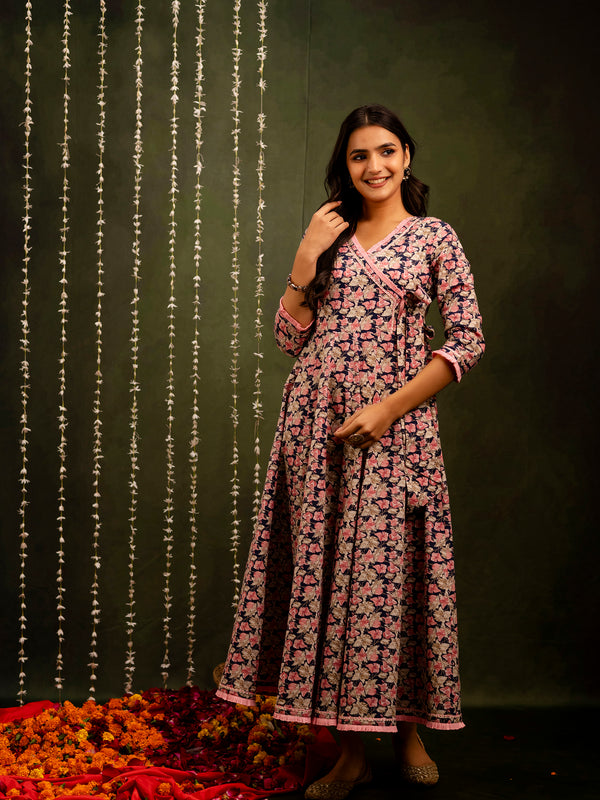 Navy Blue Cotton Calf Length Printed Flared Angrakha Kurta