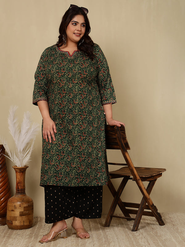 Cotton Calf Length Printed Straight 3/4 Sleeves Round Kurta Suit Set (Plus+)