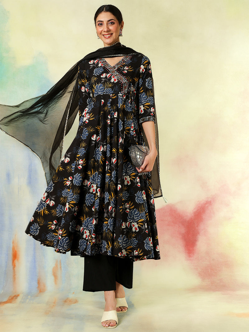 Black Pure Cotton Printed hand-Work Anarkali Kurta Suit Set