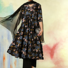 Black Pure Cotton Printed hand-Work Anarkali Kurta Suit Set