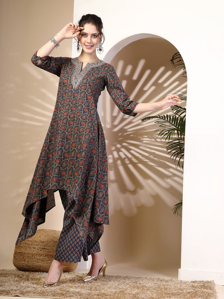 Navy Cotton Calf Length Printed Round Neck Asymmetric Kurta Palazzo Set