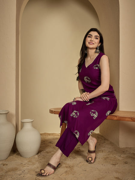 Gulmohar Jaipur Rayon Calf Length Printed Sleeveless V-Neck Straight Kurta Suit Set