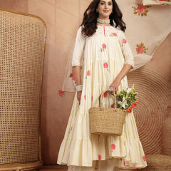 Gulmohar Jaipur Malmal Calf Length Printed 3/4 Sleeves Round Neck Anarkali Kurta Suit Set