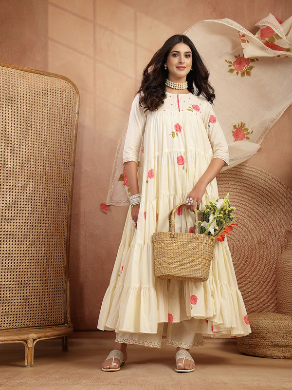 Gulmohar Jaipur Malmal Calf Length Printed 3/4 Sleeves Round Neck Anarkali Kurta Suit Set