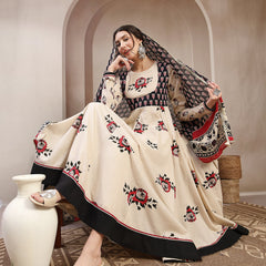 Cotton Calf Length Printed Full Sleeve Round Neck Flared Kurta