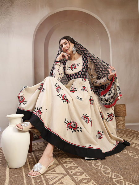 Cotton Calf Length Printed Full Sleeve Round Neck Flared Kurta