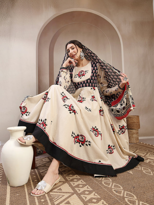 Cotton Calf Length Printed Full Sleeve Round Neck Flared Kurta