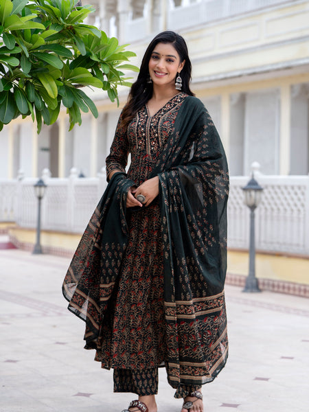 Btlgreen Cotton Calf Length Printed V-Neck Anarkali Kurta Suit Set