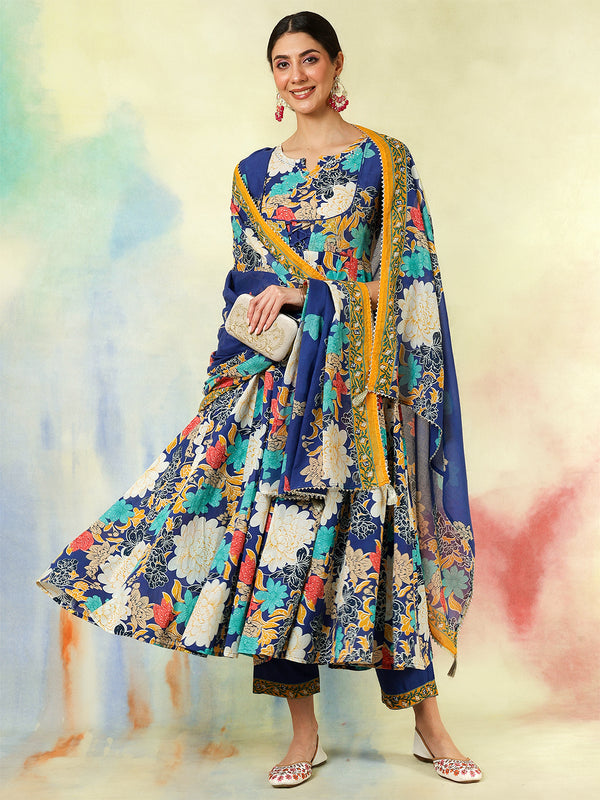 Blue Pure Cotton Printed Hand-Work Anarkali Kurta Suit Set