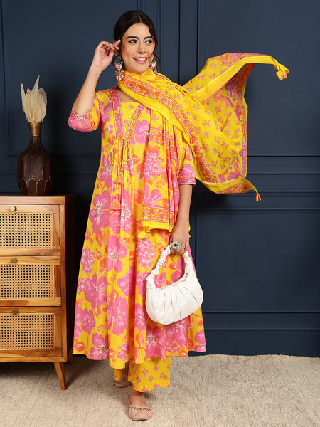 Yellow Cotton Calf Length Printed V-Neck Flared Kurta Suit Set
