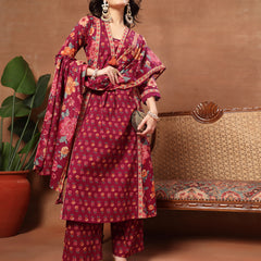 Cotton Calf Length Printed 3/4 Sleeves V-Neck Flared Kurta Suit Set