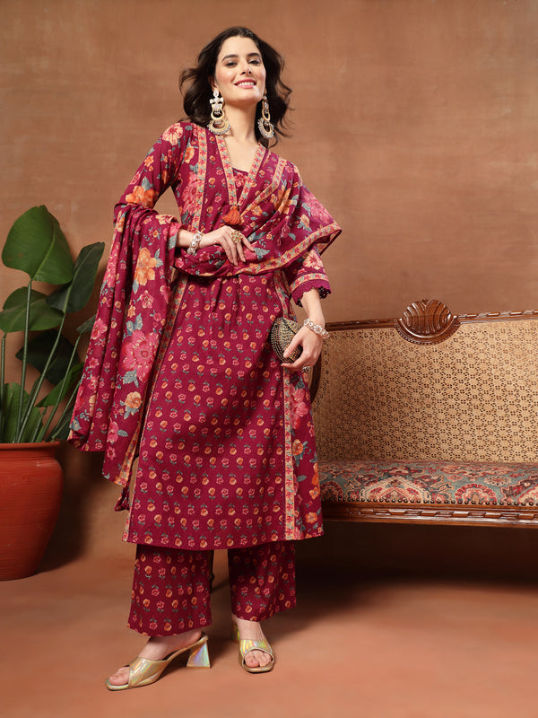 Cotton Calf Length Printed 3/4 Sleeves V-Neck Flared Kurta Suit Set