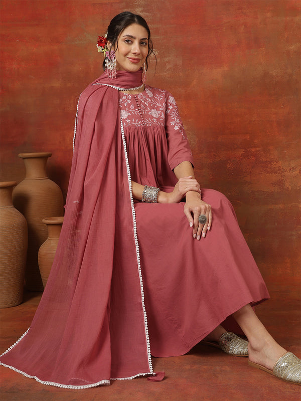 Lime Rayon Solid Hand-Work Round Neck Semi-Flared Kurta Suit Set