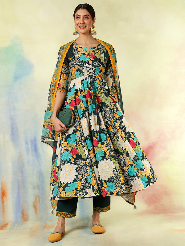 Blue Pure Cotton Printed Hand-Work Anarkali Kurta Suit Set