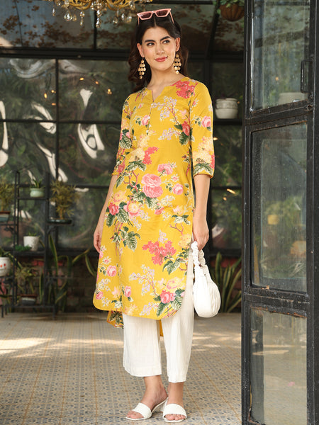 Yellow Cotton Calf Length Printed Straight Round Neck Kurta