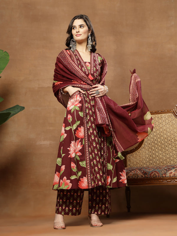 Cotton Calf Length Printed 3/4 Sleeves V-Neck Flared Kurta Suit Set