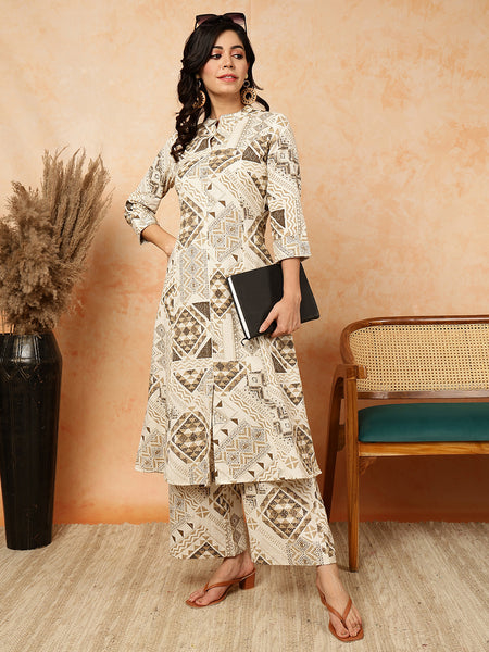 Cotton Flex Calf Length Printed Mandarin Neck Straight Kurta