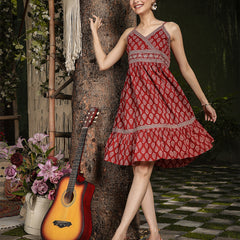 Gulmohar Jaipur Cotton Knee Length Printed Strappy Sleeve V-Neck Flared Dress