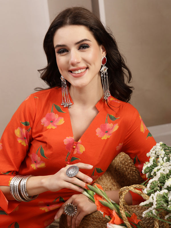 Gulmohar Jaipur Cotton Calf Length Printed 3/4 Sleeve V-Neck Straight Kurta