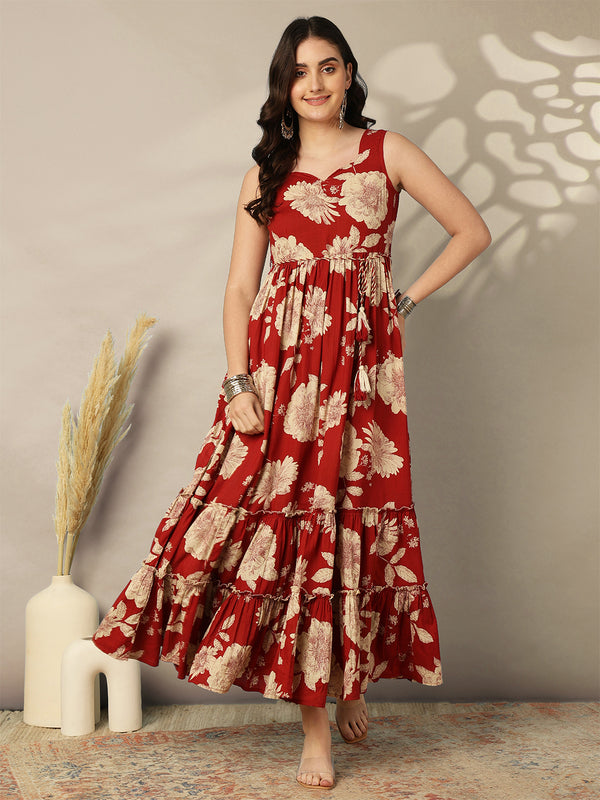 Cotton Calf Length Printed Flared Sleeveless Sweetheart Neck Dress
