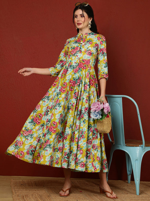 Cotton Calf Length Printed Flared 3/4 Sleeves Mandarin Kurta